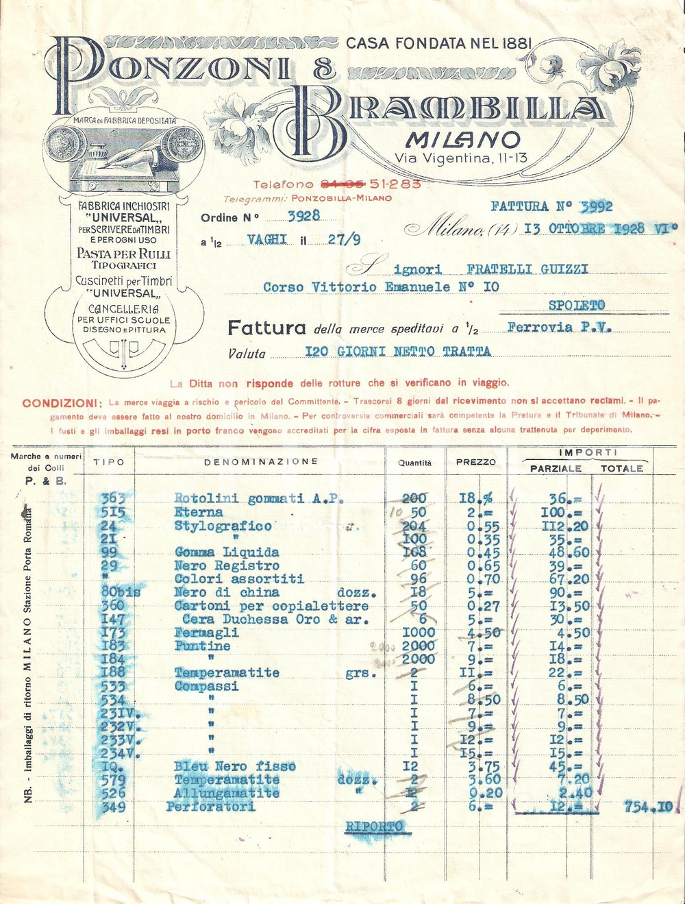 Documento originale, autentico 1928 MILANO Ditta PONZONI BRAMBILLA Inchiostri UNIVERSAL Fattura 1