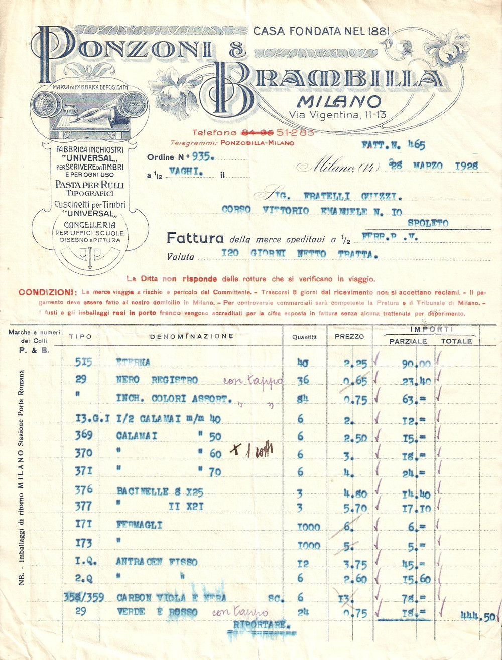 Documento originale, autentico 1928 MILANO Ditta PONZONI BRAMBILLA Fabbrica Inchiostri UNIVERSAL Fattura 1