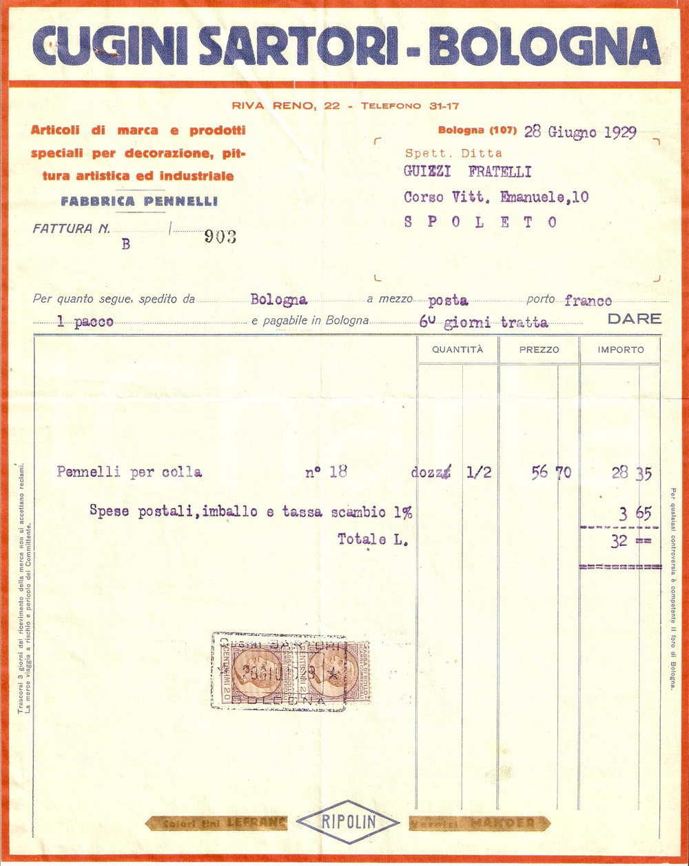 Documento originale, autentico 1929 BOLOGNA Fabbrica pennelli CUGINI SARTORI Articoli pittura Fattura 1