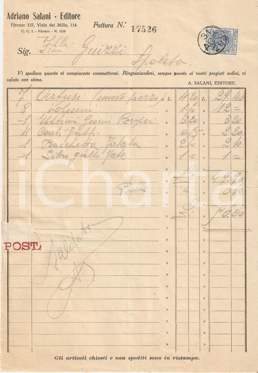 Documento originale, autentico 1929 FIRENZE Editore ADRIANO SALANI Fattura commerciale 1