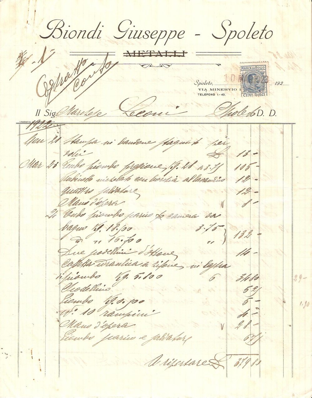 Documento originale, autentico 1923 SPOLETO Giuseppe BIONDI Metalli   Tubi in piombo Fattura 1