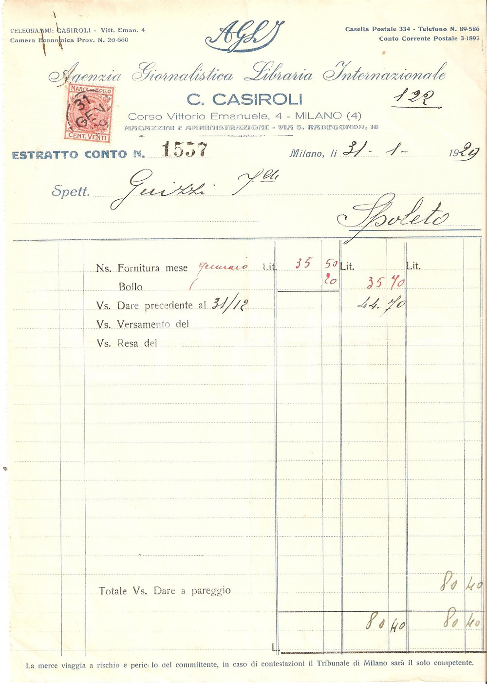 Documento originale, autentico 1929 MILANO Agenzia Giornalistica Libraria C. CASIROLI Fattura 1