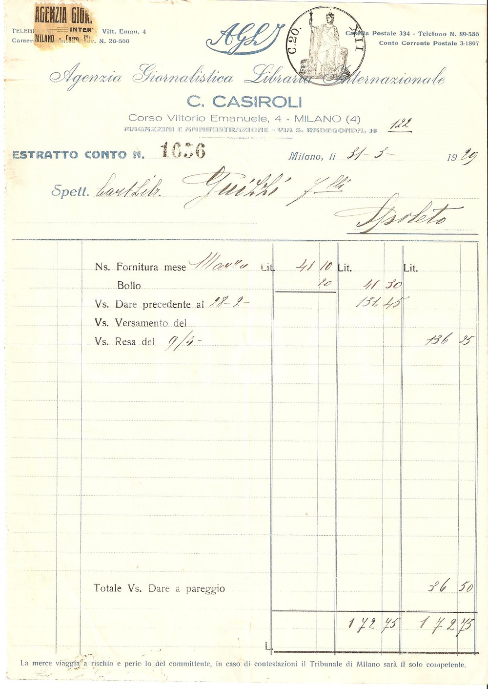 Documento originale, autentico 1929 MILANO Agenzia GIORNALISTICA Libraria Internazionale C. CASIROLI Fattura 1