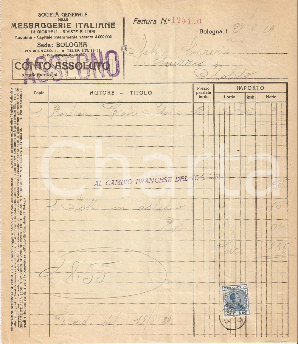 Documento originale, autentico 1929 BOLOGNA SocietÃ  generale MESSAGGERIE ITALIANE Giornali Riviste Fattura 1