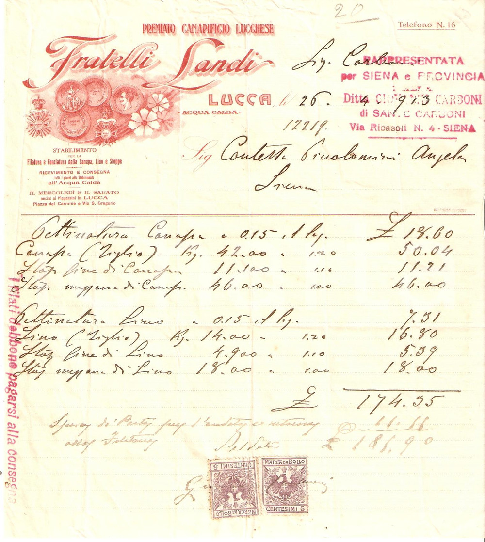 Documento originale, autentico 1913 LUCCA Fratelli LANDI Premiato CANAPIFICIO Filatura LINO Stoppe Fattura 1