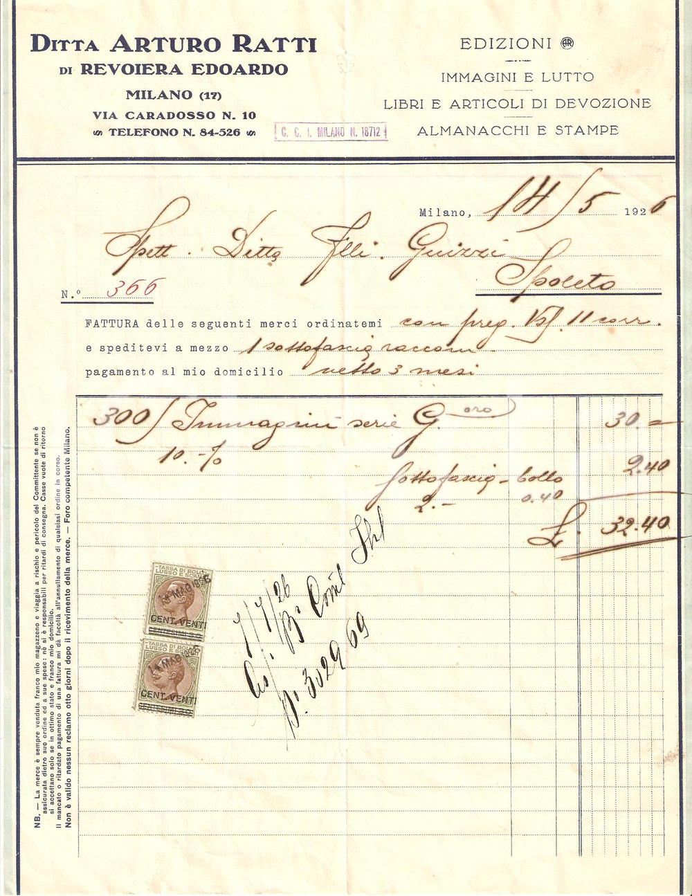 Documento originale, autentico 1926 MILANO Ditta ARTURO RATTI Articoli di DEVOZIONE Fattura 1