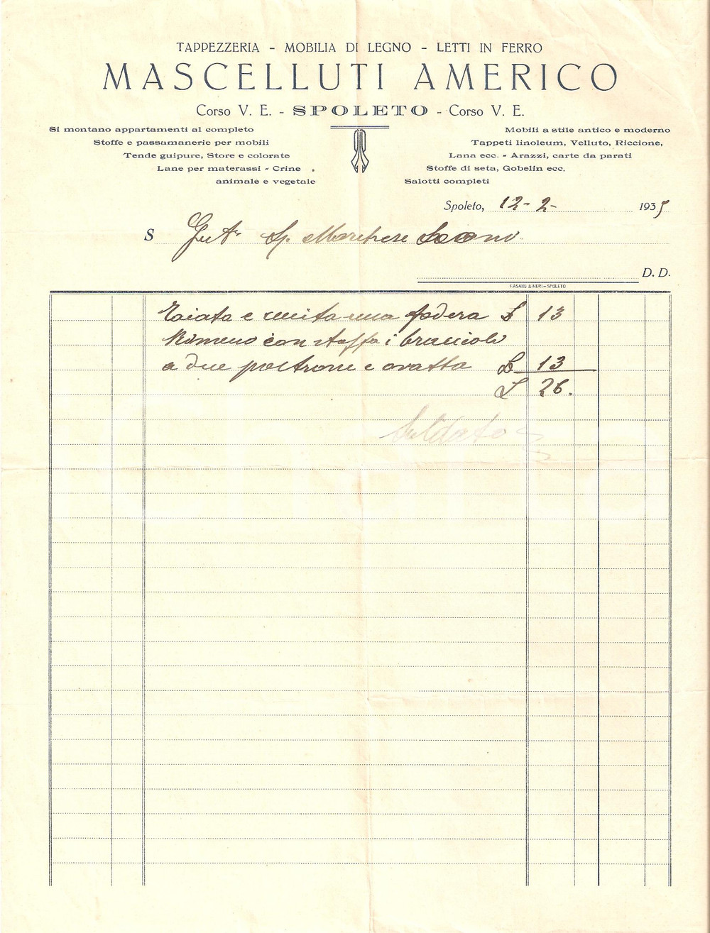 Documento originale, autentico 1939 SPOLETO Mobilificio Americo MASCELLUTI Letti in ferro Fattura 1