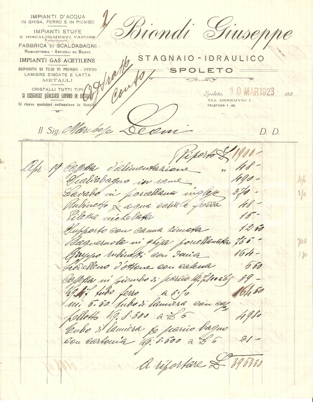 Documento originale, autentico 1923 SPOLETO Giuseppe BIONDI Stagnaio  Idraulico Fattura 1