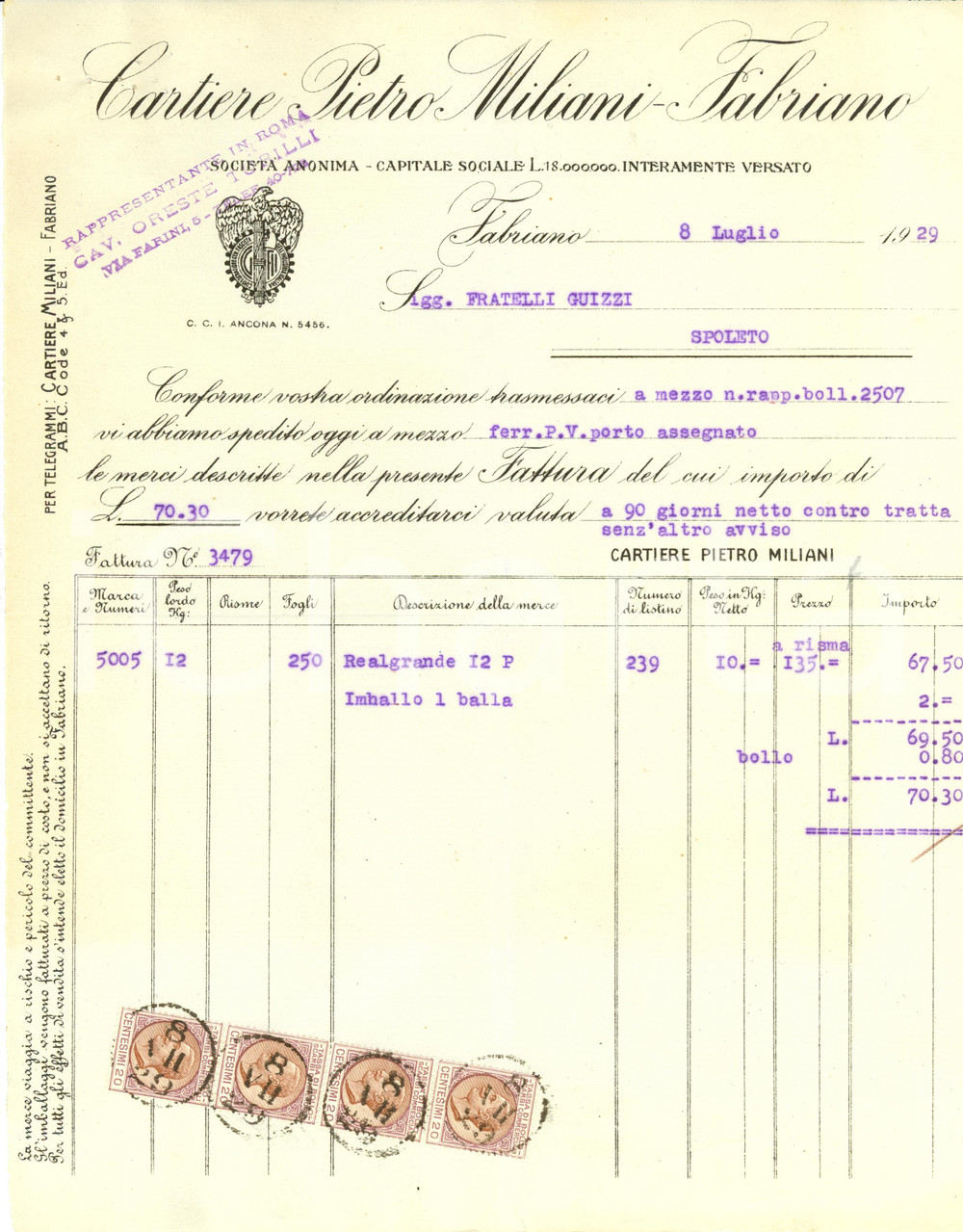 Documento originale, autentico 1929 FABRIANO Cartiere Pietro MILIANI Cav. TURILLI Rappresentante Roma Fattura 1
