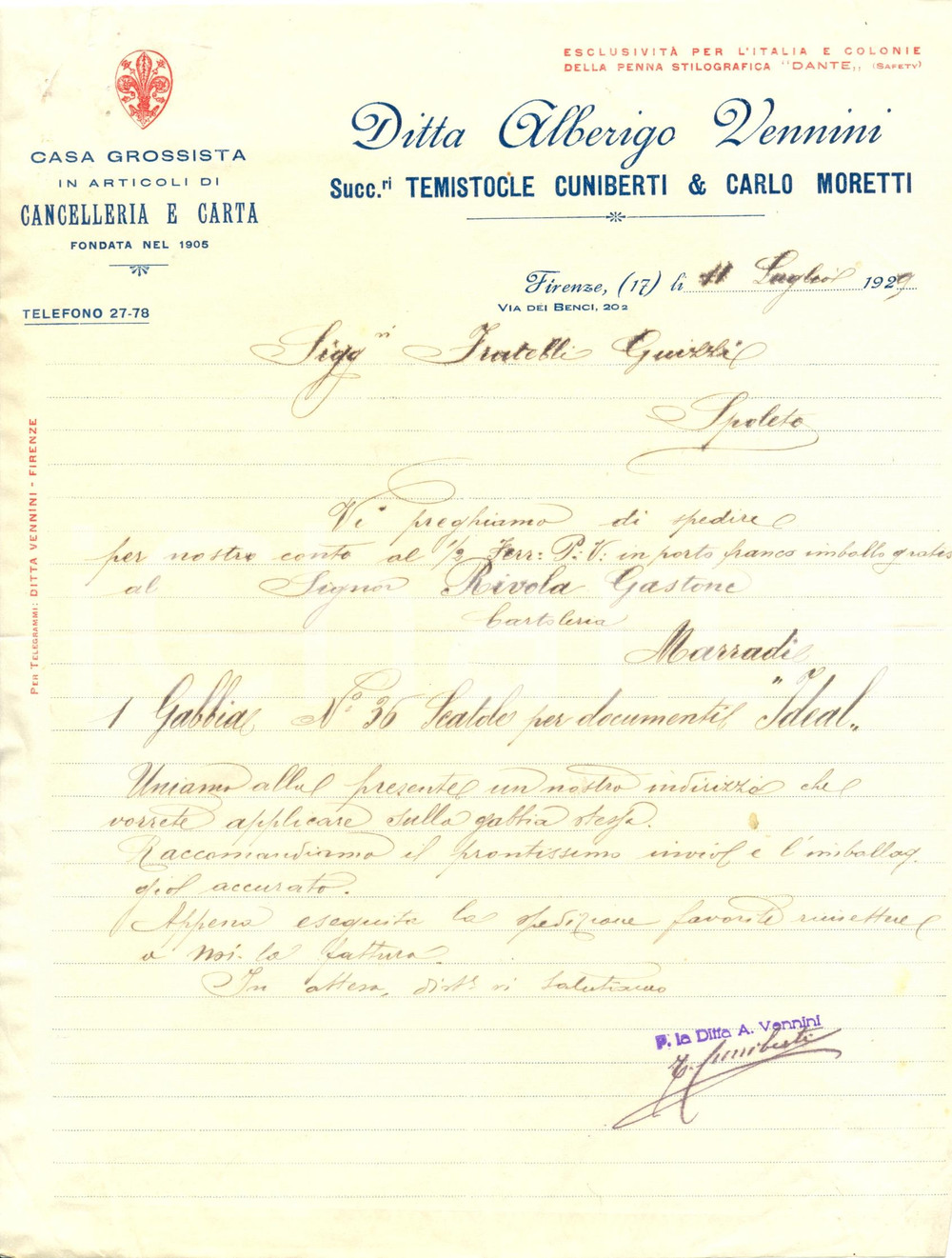 Manoscritto, lettera originale 1929 FIRENZE Ditta Alberigo VENNINI grossista carta Temistocle CUNIBERTI 1