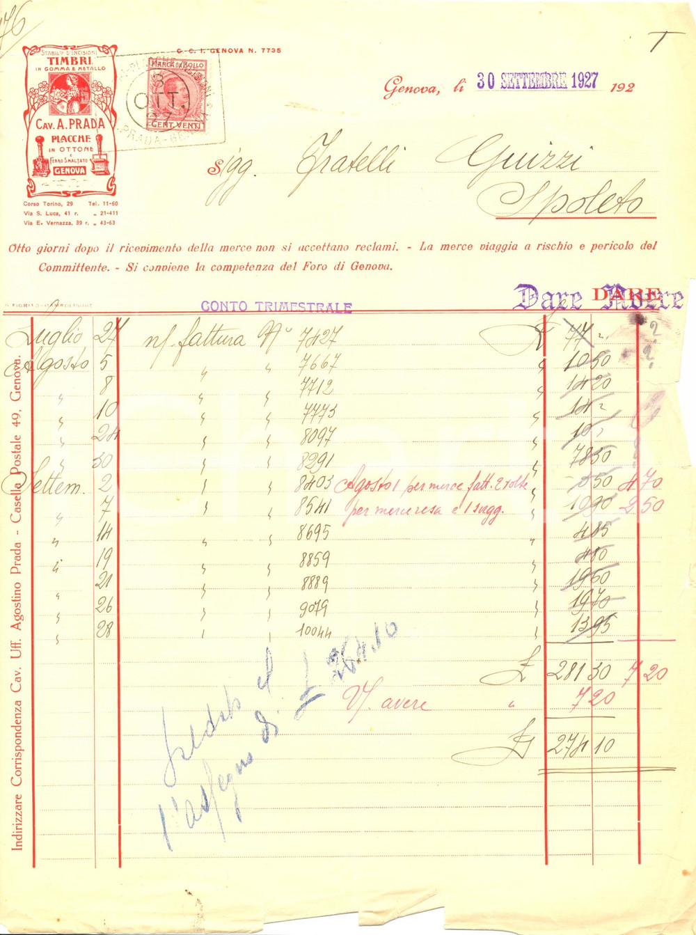 Documento originale, autentico 1927 GENOVA Agostino PRADA Placche in ottone e ferro smaltato Fattura 1