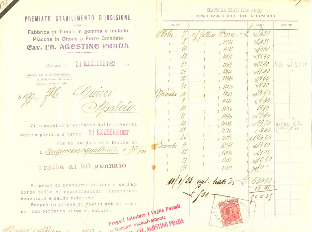 Documento originale, autentico 1927 GENOVA Agostino PRADA Stabilimento d incisione  timbri e placche Lettera 1