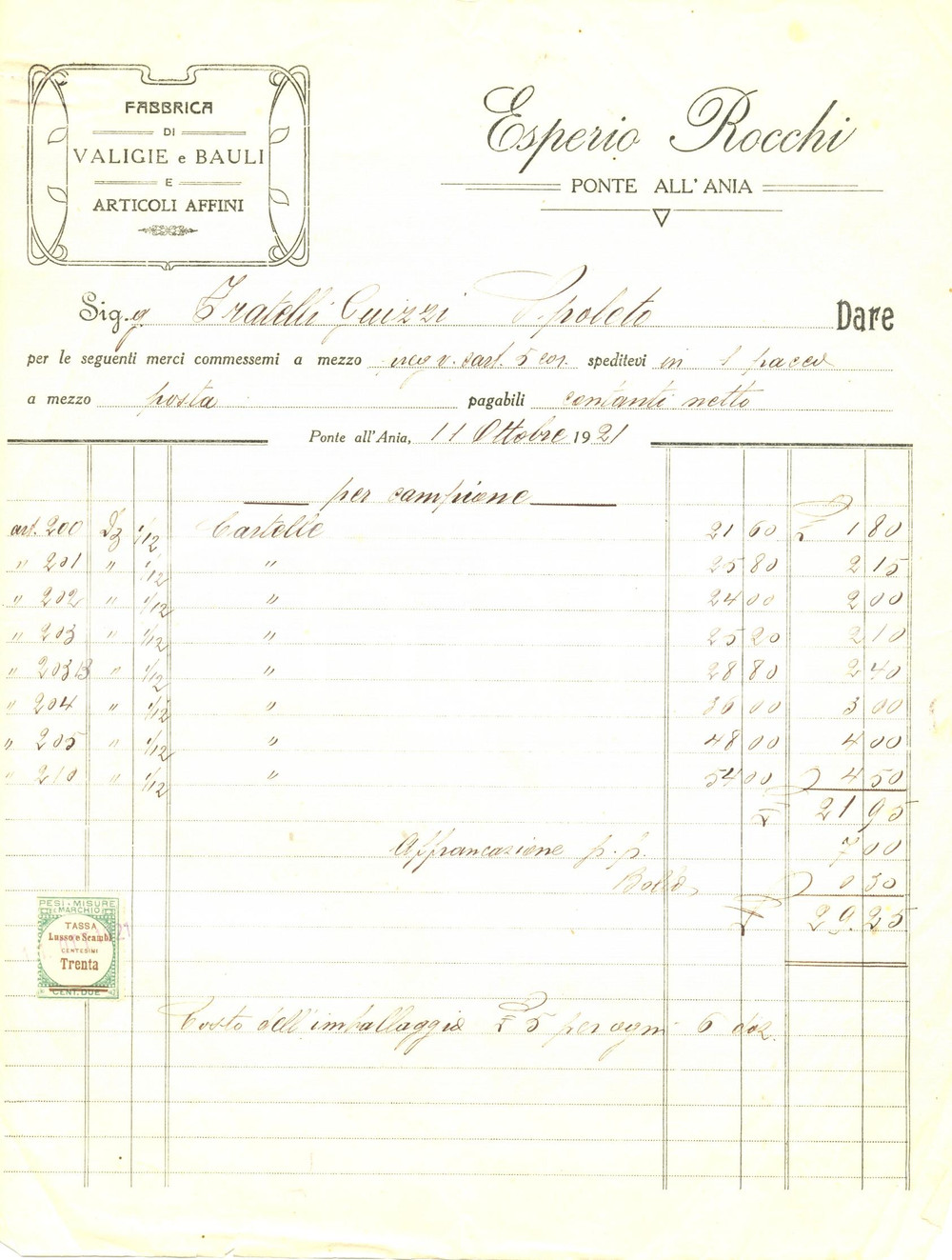 Documento originale, autentico 1921 BARGA LU Esperio ROCCHI Fabbrica di valigie bauli PONTE ALL ANIA Fattura 1