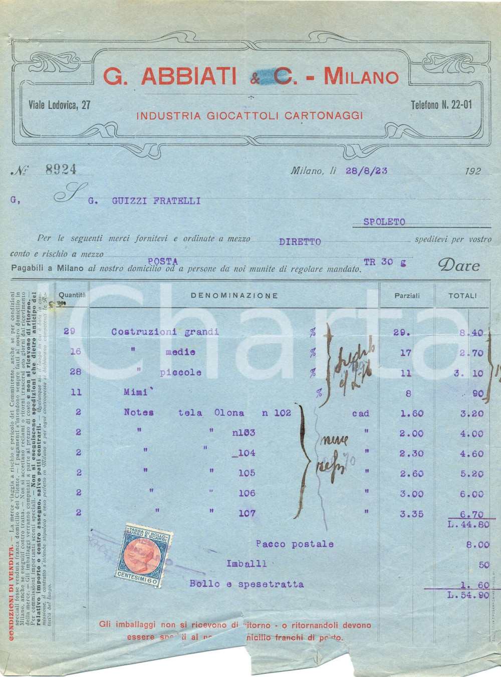 Documento originale, autentico 1923 MILANO Ditta ABBIATI & C. Industria giocattoli cartonaggi Fattura 1