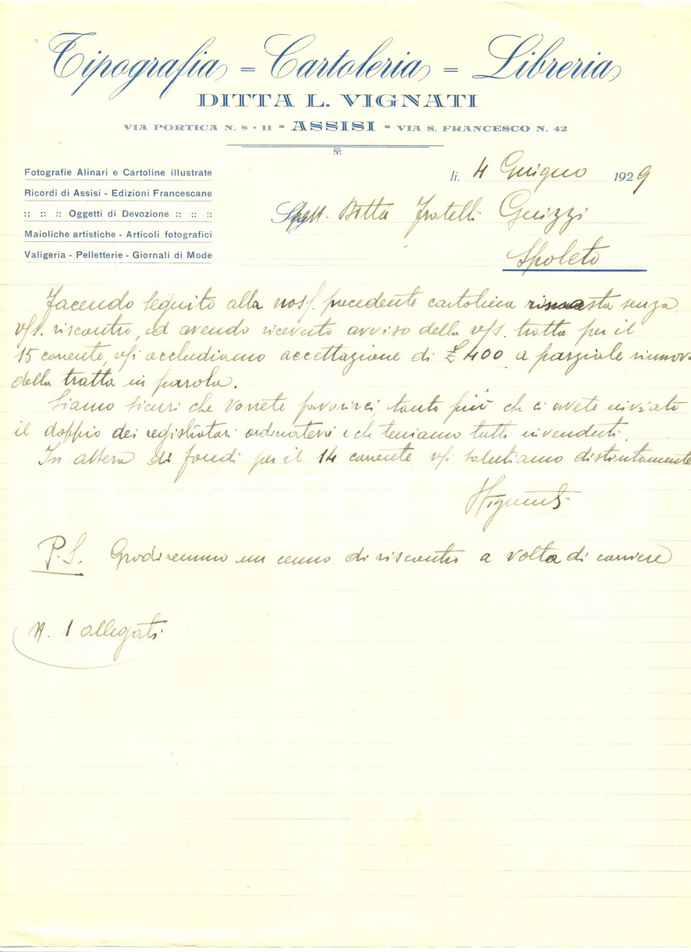 Manoscritto, lettera originale 1929 ASSISI PG Ditta Luigi VIGNATI Tipografia Cartoleria Lettera commerciale 1