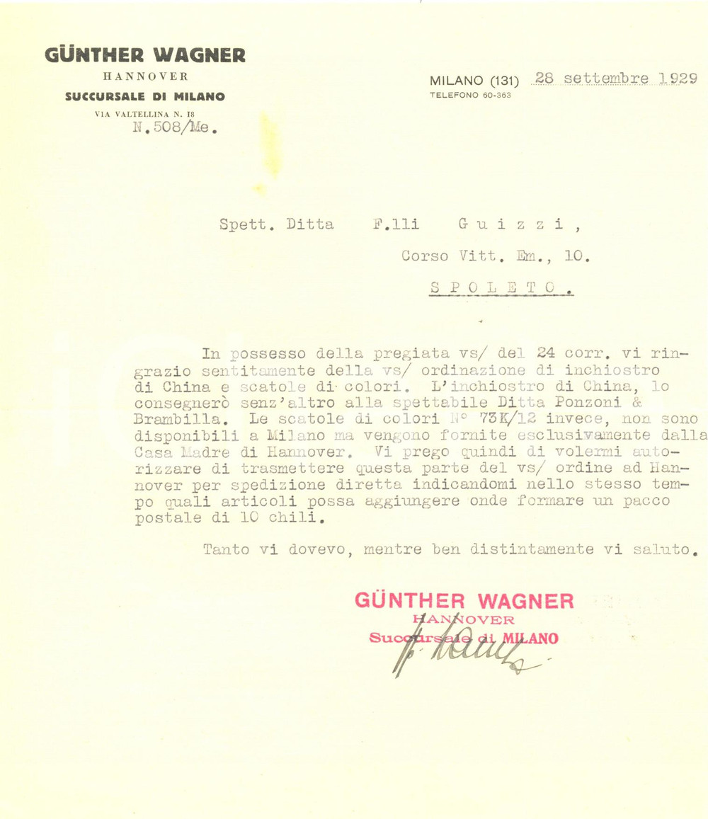 Manoscritto, lettera originale 1929 MILANO Gunther WAGNER Inchiostro di china e colori Lettera commerciale 1