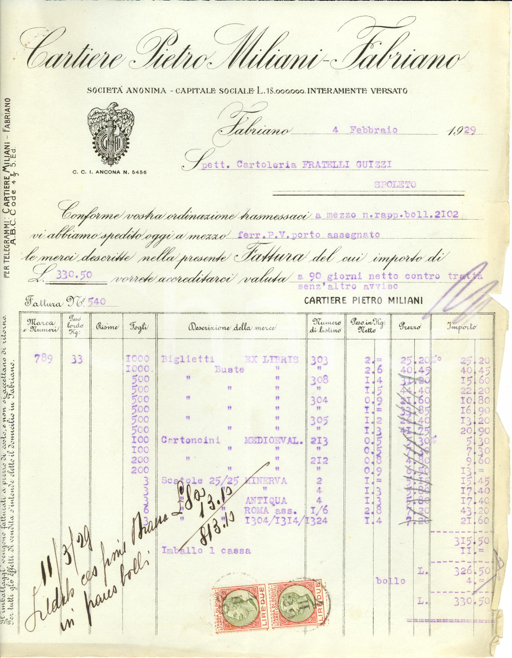 Documento originale, autentico 1929 FABRIANO Cartiere Pietro MILIANI Vendita EX LIBRIS Fattura 1