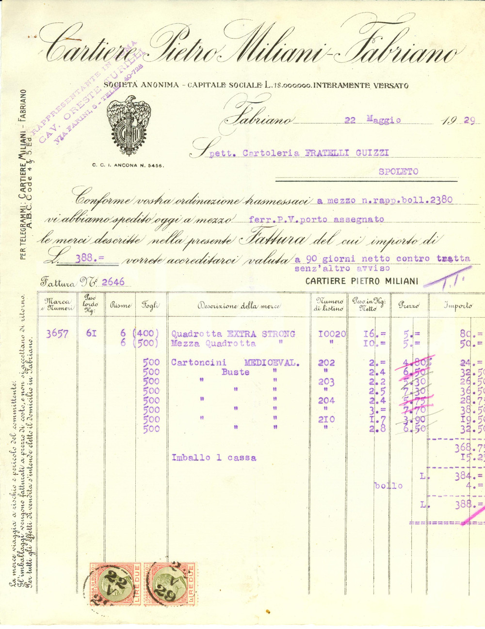 Documento originale, autentico 1929 FABRIANO Cartiere Pietro MILIANI Vendita QUADROTTA Fattura 1