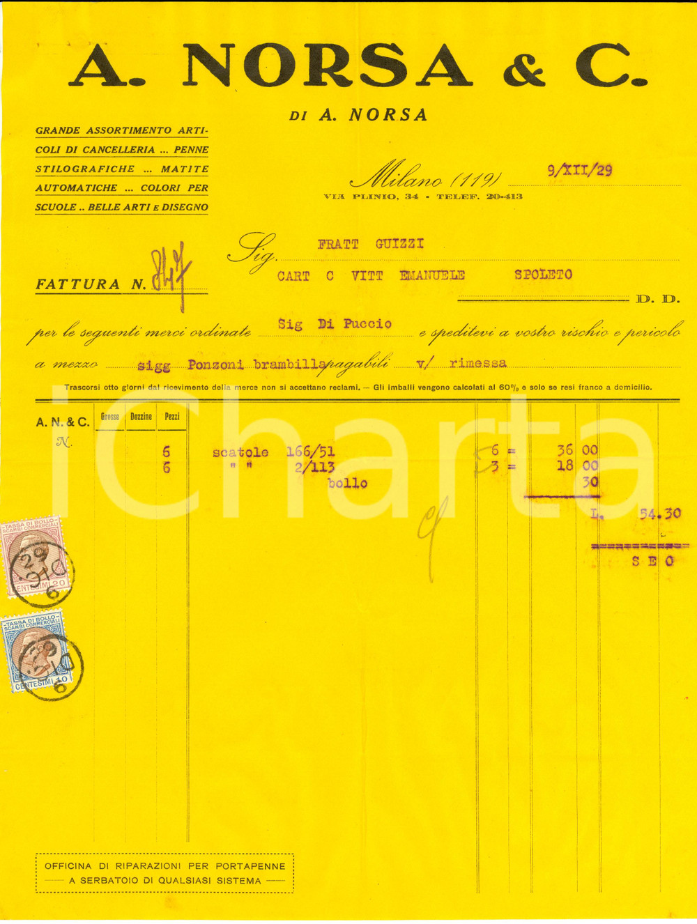Documento originale, autentico 1929 MILANO Cancelleria A. NORSA E C. Penne stilografiche Fattura 1