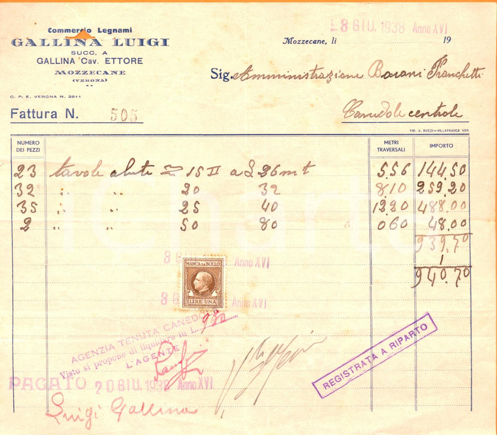 Documento originale, autentico 1938 MOZZECANE VR Luigi GALLINA commercio legnami Fattura commerciale 1