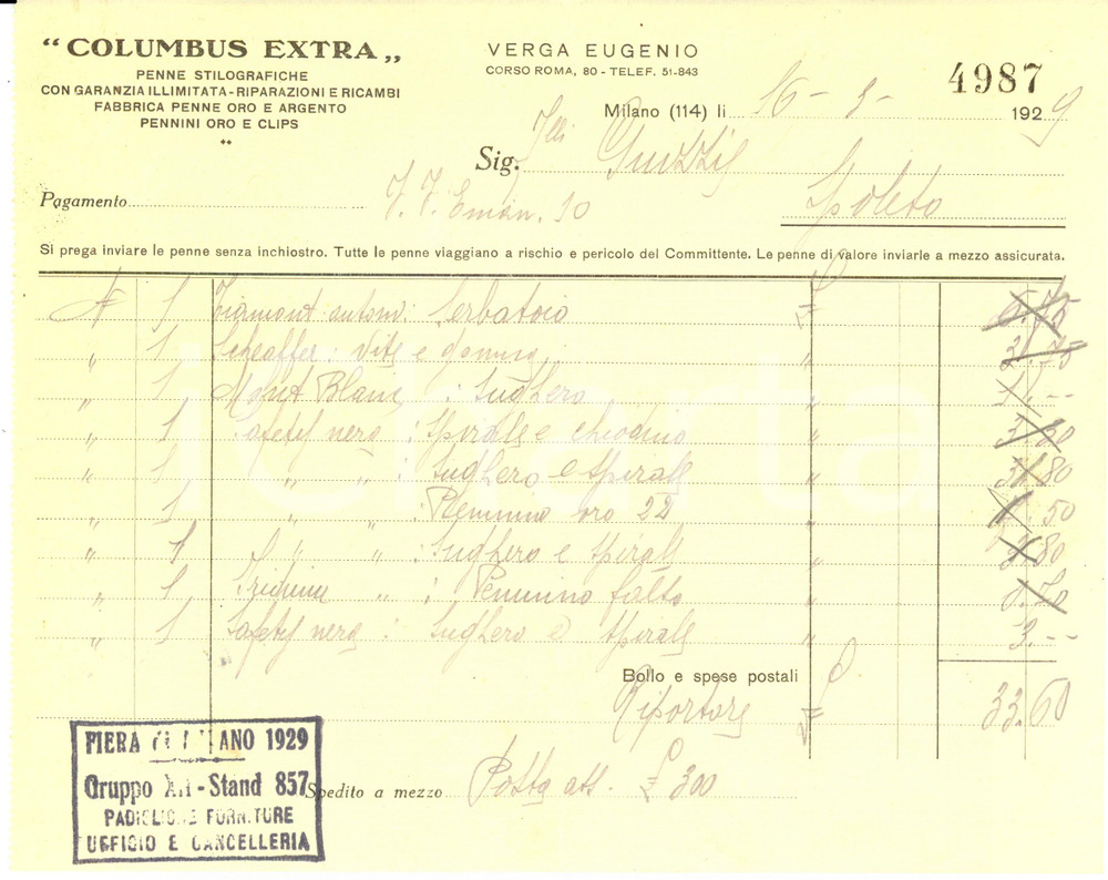 Documento originale, autentico 1929 MILANO Penne stilografiche COLUMBUS EXTRA Eugenio Verga Fattura 1