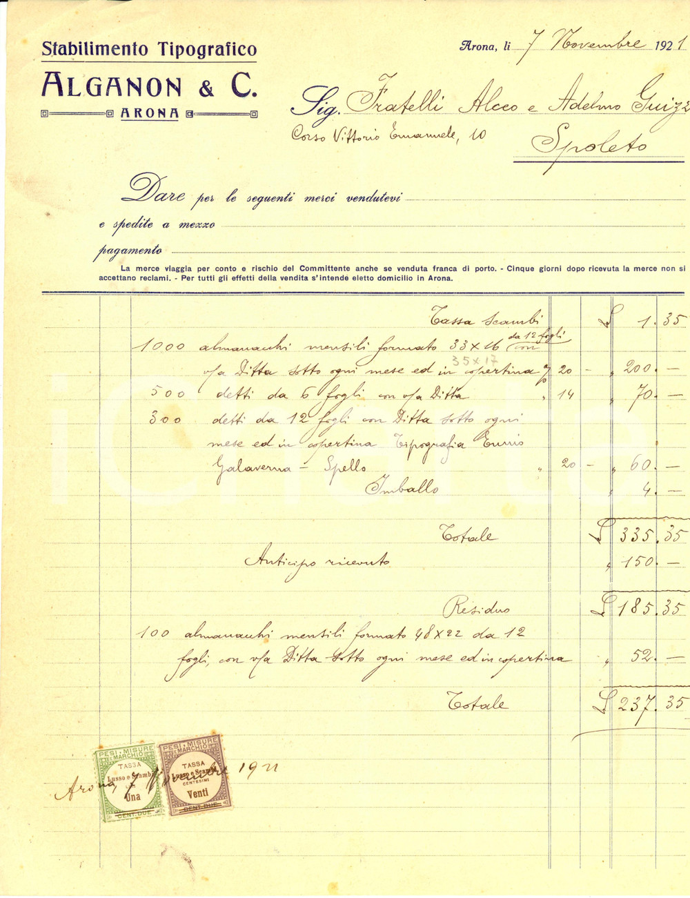 Documento originale, autentico 1921 ARONA Stabilimento Tipografico ALGANON & C. Fattura 1