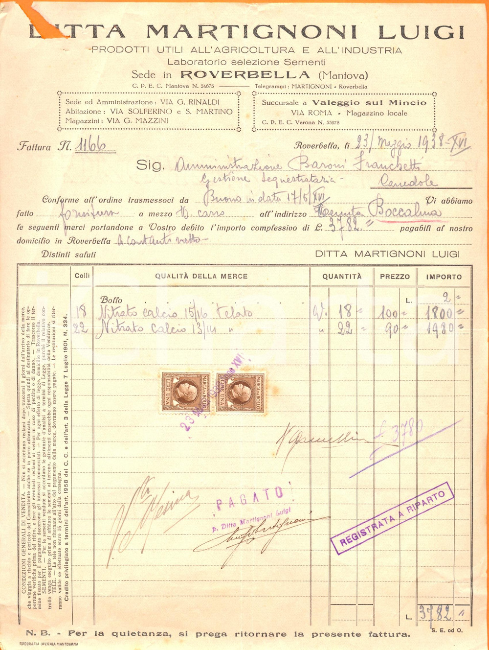 Documento originale, autentico 1938 ROVERBELLA MN Luigi MARTIGNONI fornitura nitrato di calcio Fattura 1