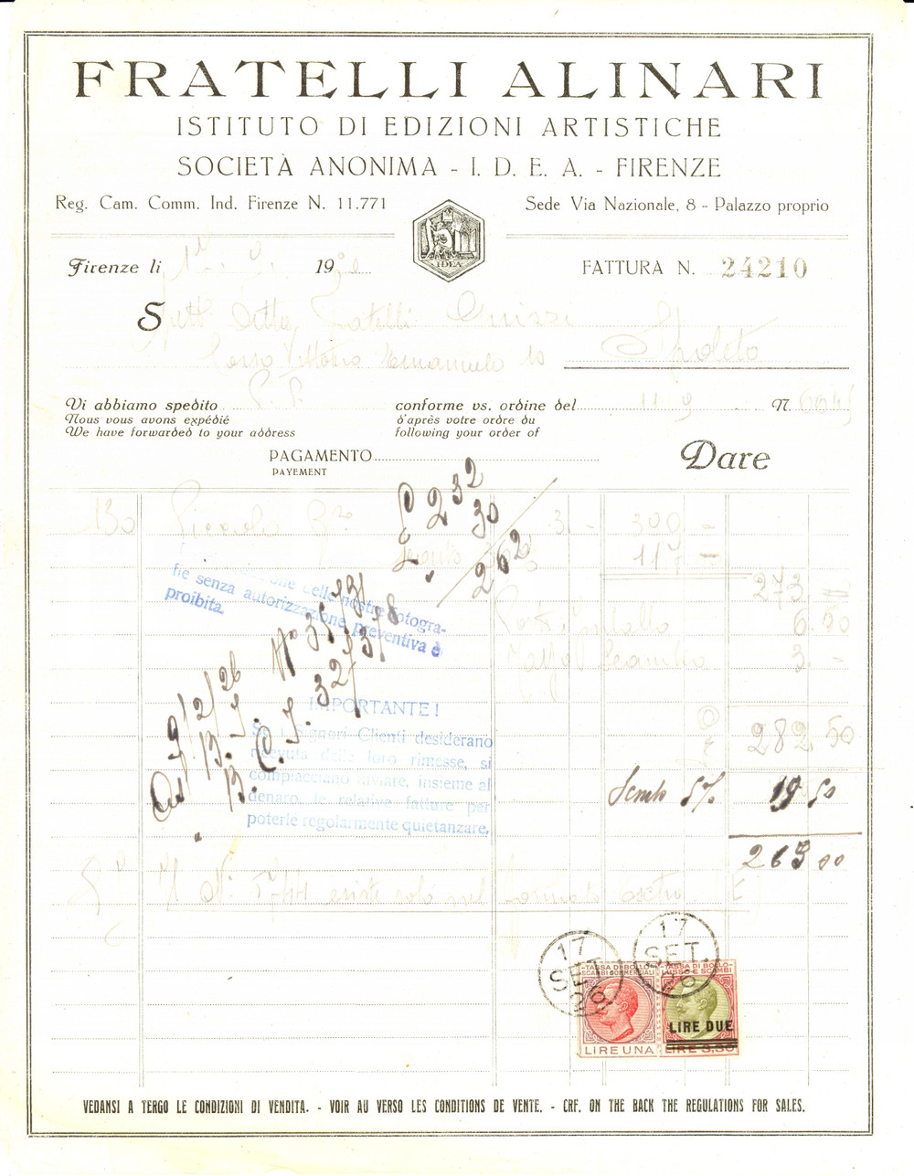 Documento originale, autentico 1926 FIRENZE Fratelli ALINARI I.D.E.A. Edizioni Artistiche Fattura 1