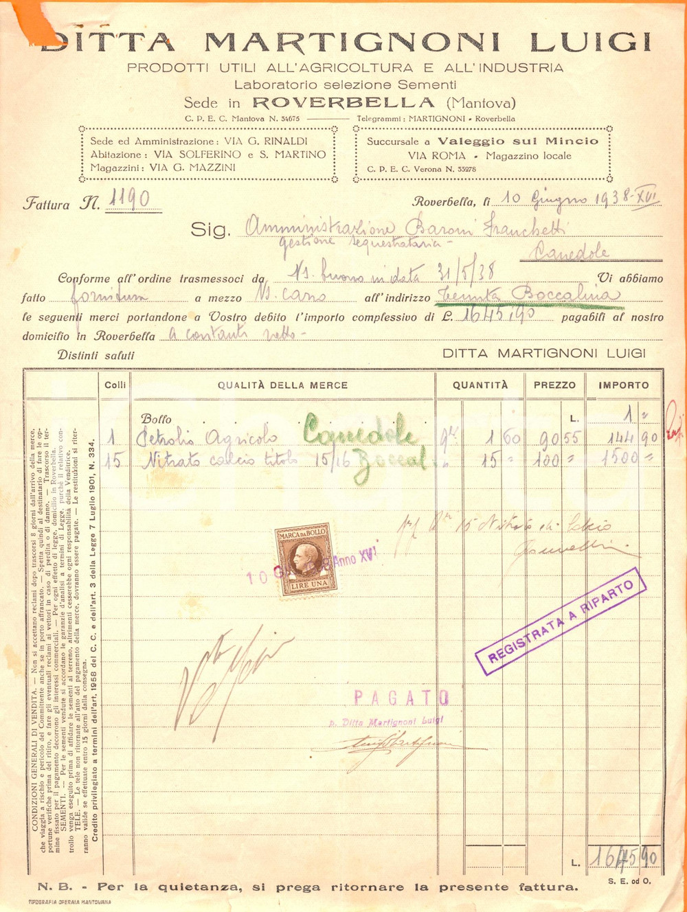Documento originale, autentico 1938 ROVERBELLA MN Luigi MARTIGNONI Laboratorio selezione sementi Fattura 1