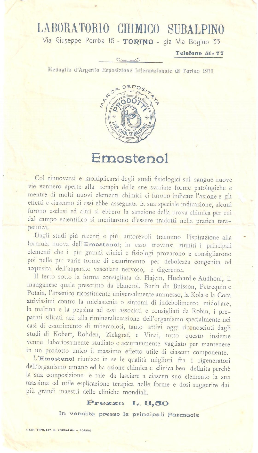 Materiale pubblicitario d’epoca 1915 ca TORINO Laboratorio chimico SUBALPINO Farmaco EMOSTENOL Volantino 1