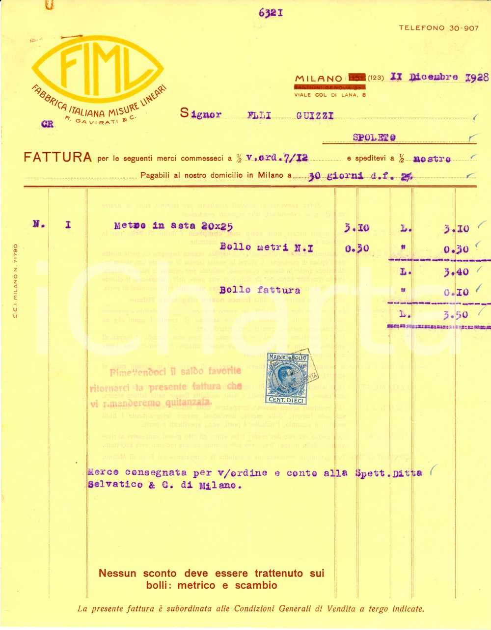 Documento originale, autentico 1928 MILANO Fabbrica Italiana Misure Lineari FIML R. Gavirati & C. Fattura 1