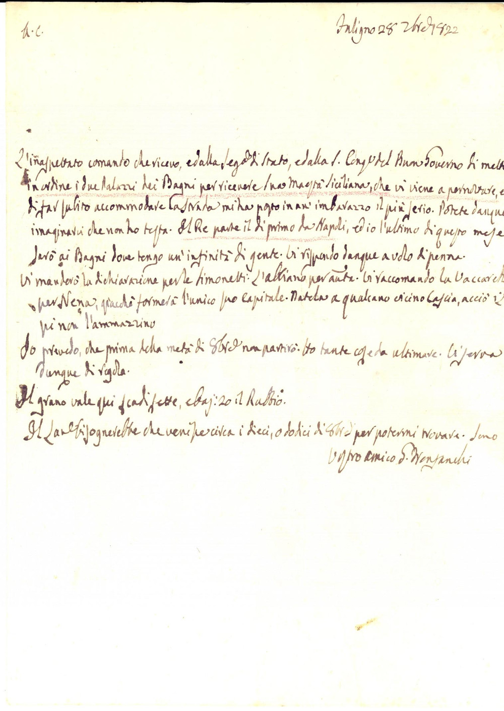 Manoscritto, lettera originale 1822 FOLIGNO PG Palazzi dei BAGNI in ordine per Ferdinando I di BORBONE 1
