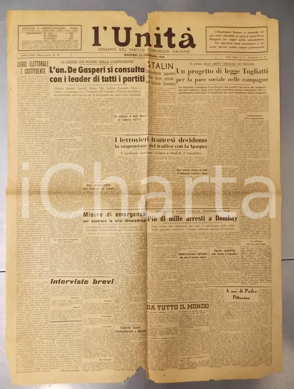 Giornale, rivista storica 1946 L UNITA  Alcide DE GASPERI e poteri COSTITUENTE  Giornale 1