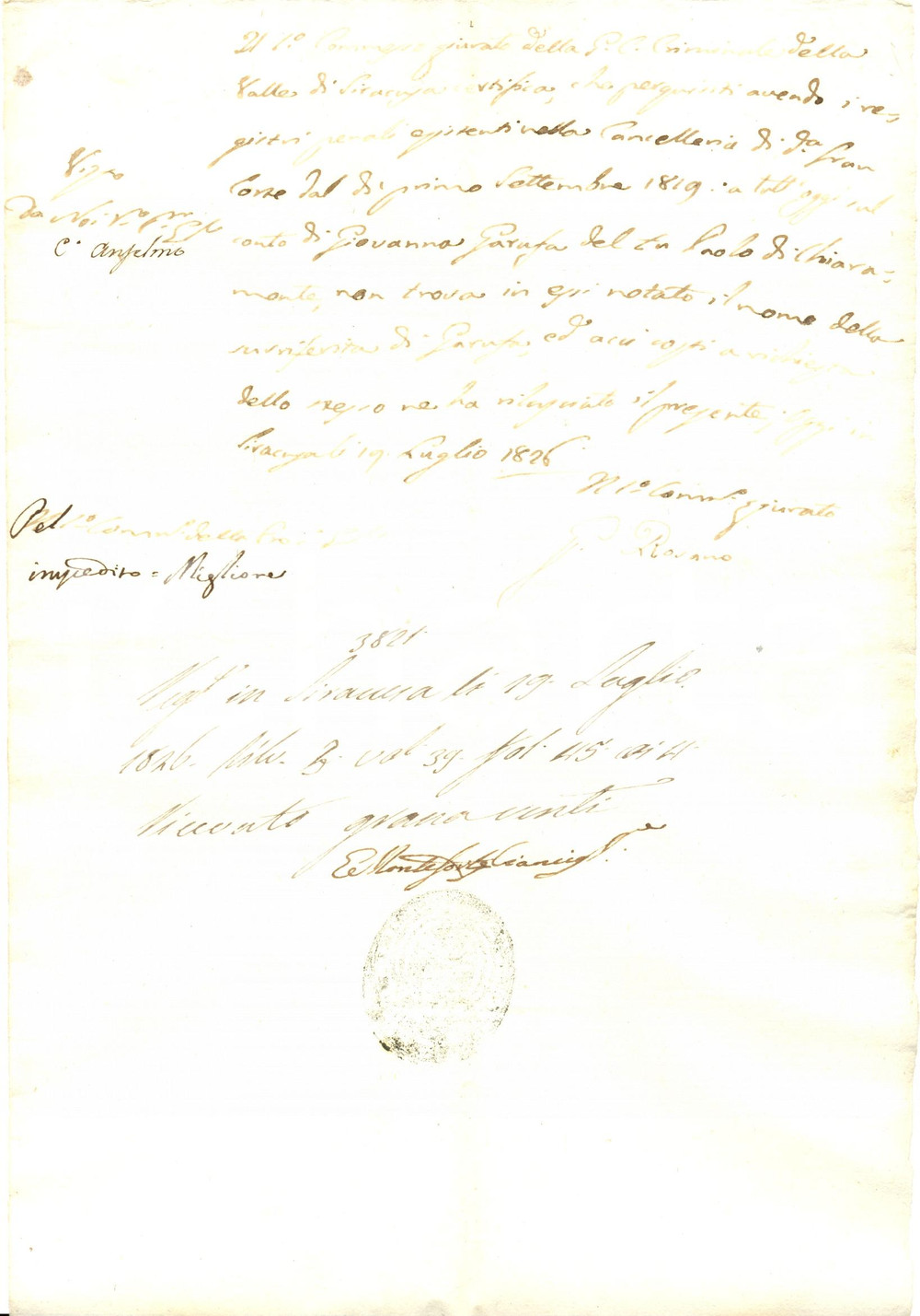 Documento originale, autentico 1826 CHIARAMONTE GULFI RG Fedina penale di Giovanna GARUFA Manoscritto 1