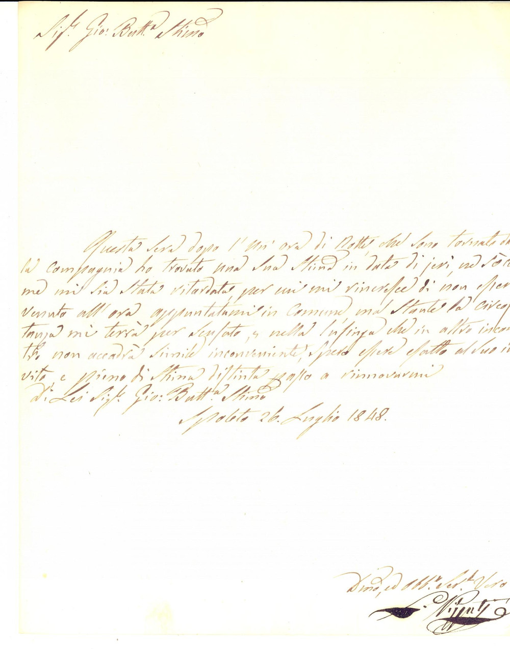 Manoscritto, lettera originale MOTI 1848 SPOLETO PG PIZZUTI manca a un appuntamento per ragioni politiche 1