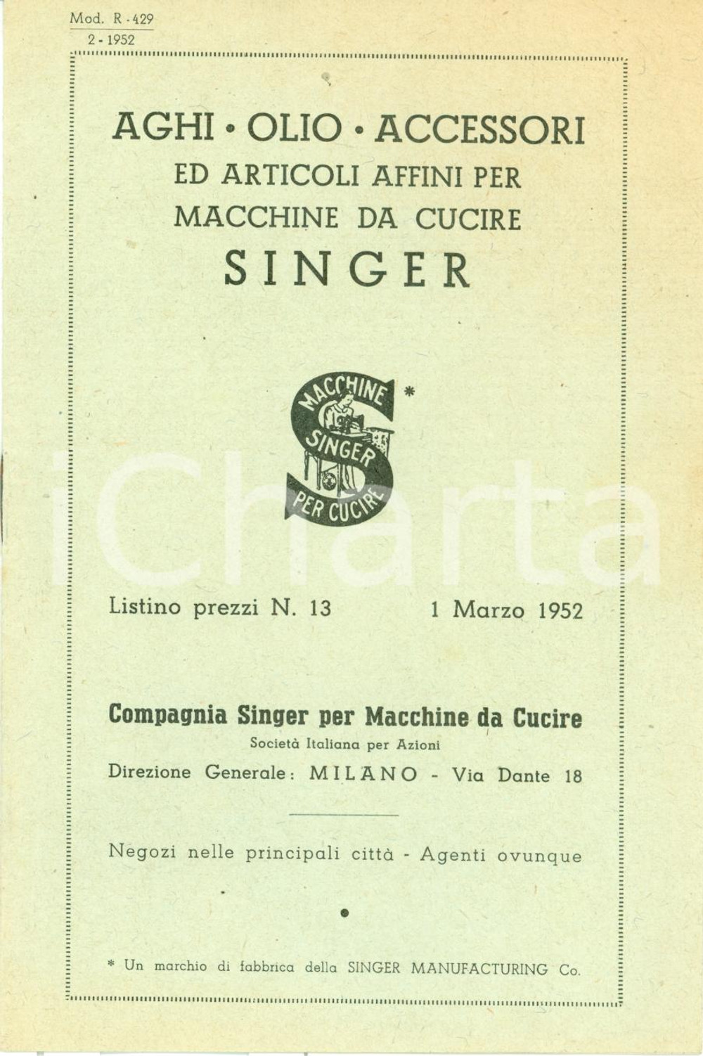Materiale pubblicitario d’epoca 1952 MILANO Macchine da cucire SINGER Listino prezzi n. 13 Opuscolo 1