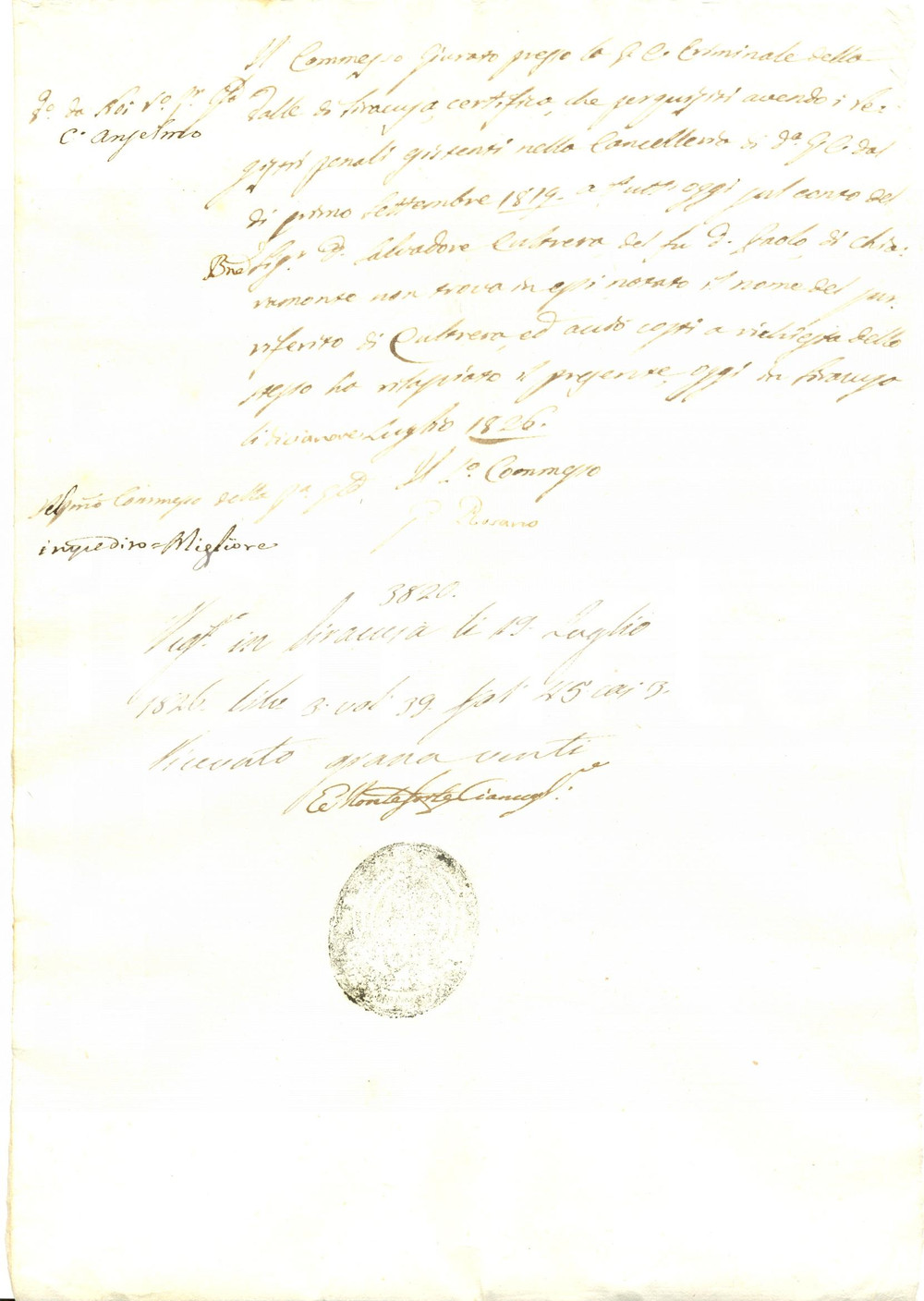 Documento originale, autentico 1826 CHIARAMONTE GULFI RG Fedina penale pulita di don Salvatore CULTRERA 1