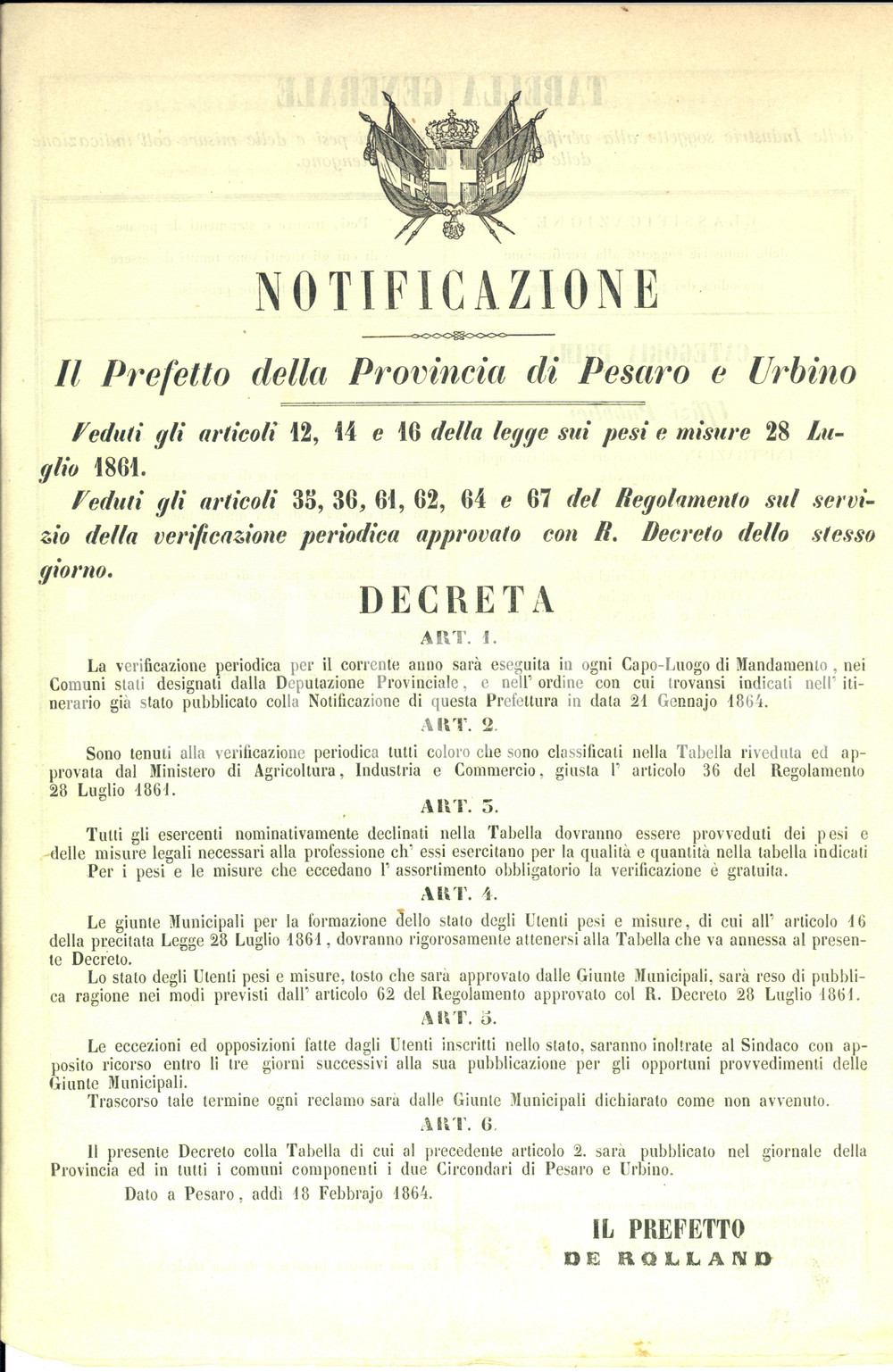 Documento originale, autentico 1864 PESARO Tabella generale INDUSTRIE per pesi e misure Documento 1