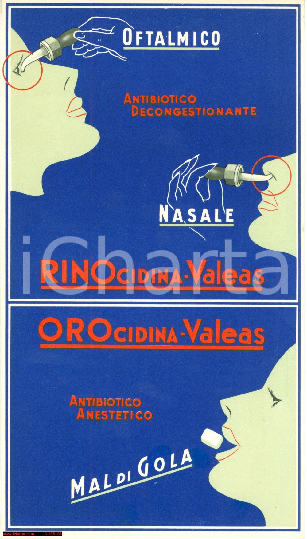 Materiale pubblicitario d’epoca 1955 FARMACEUTICA MILANO Cartoncino pubblcitario Rinocidina e Orocidina VALEAS 1