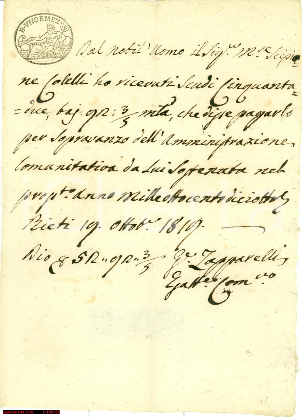 Documento originale, autentico 1819 RIETI Scipione COLELLI e amministrazione comunitÃ  1