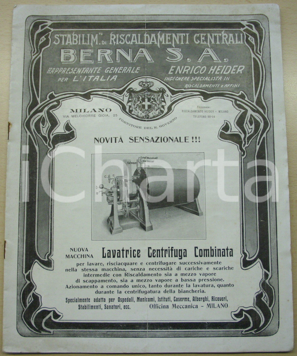 Materiale pubblicitario d’epoca 1930 MILANO Lavatrice centrifuga combinata BERNA S.A. 1