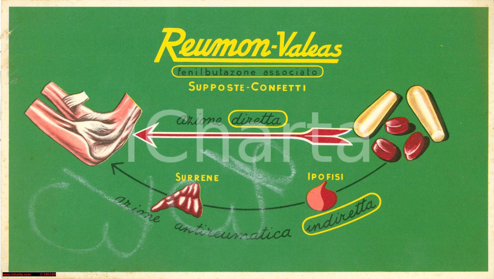 Materiale pubblicitario d’epoca 1955 MILANO Analgesico REUMONVALEAS pubblicitario illustrato colori 1