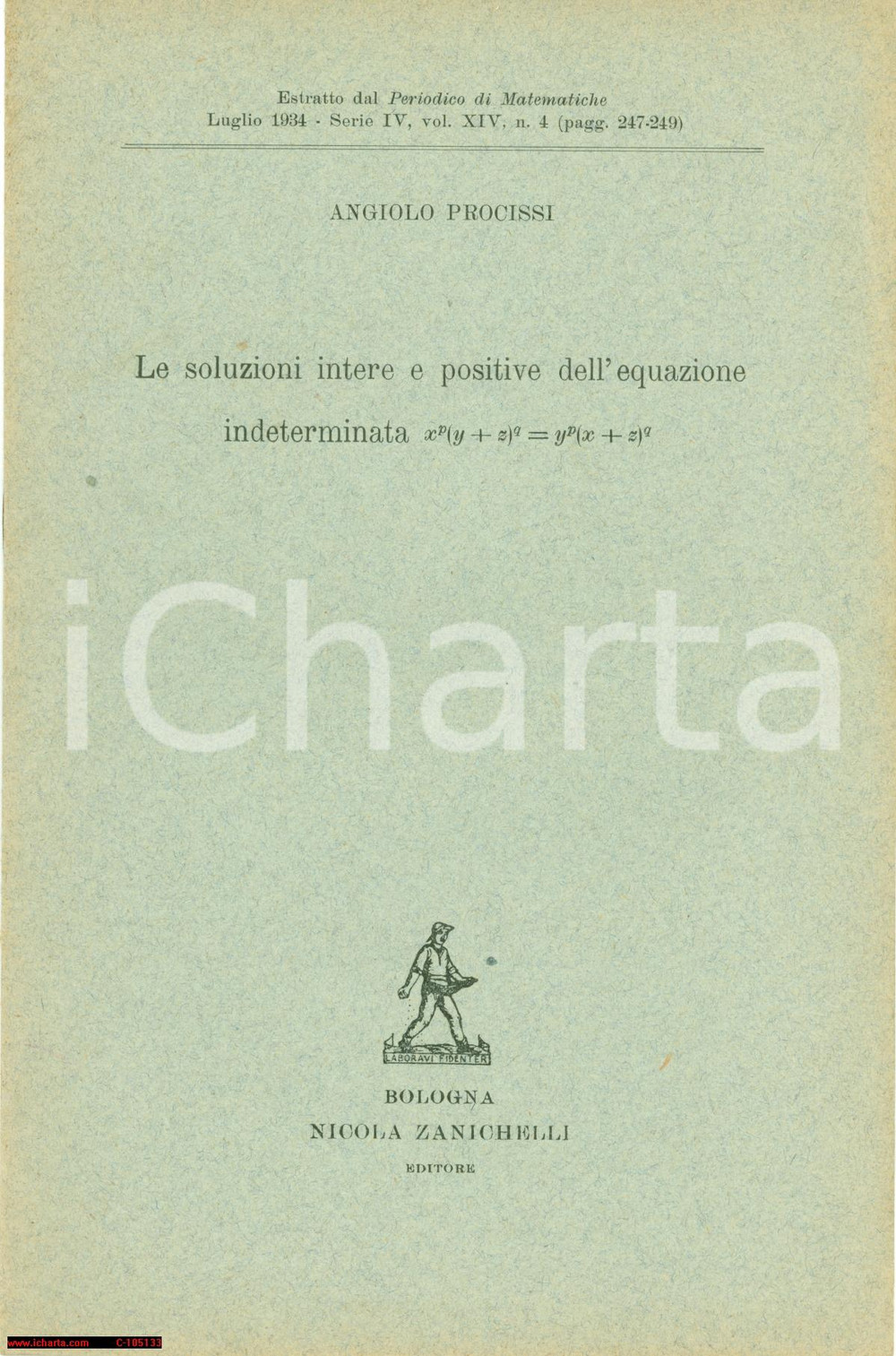 Libro, pubblicazione d epoca 1934 ANGIOLO PROCISSI Equazione intederminata  Libretto 8 pp. 1