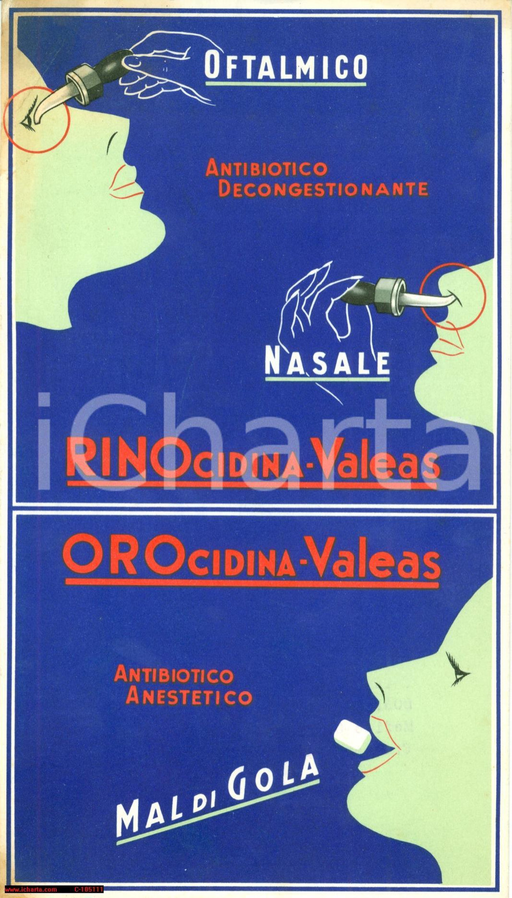 Materiale pubblicitario d’epoca 1955 MILANO Volantino Rinocidina e Orocidina VALEAS 1