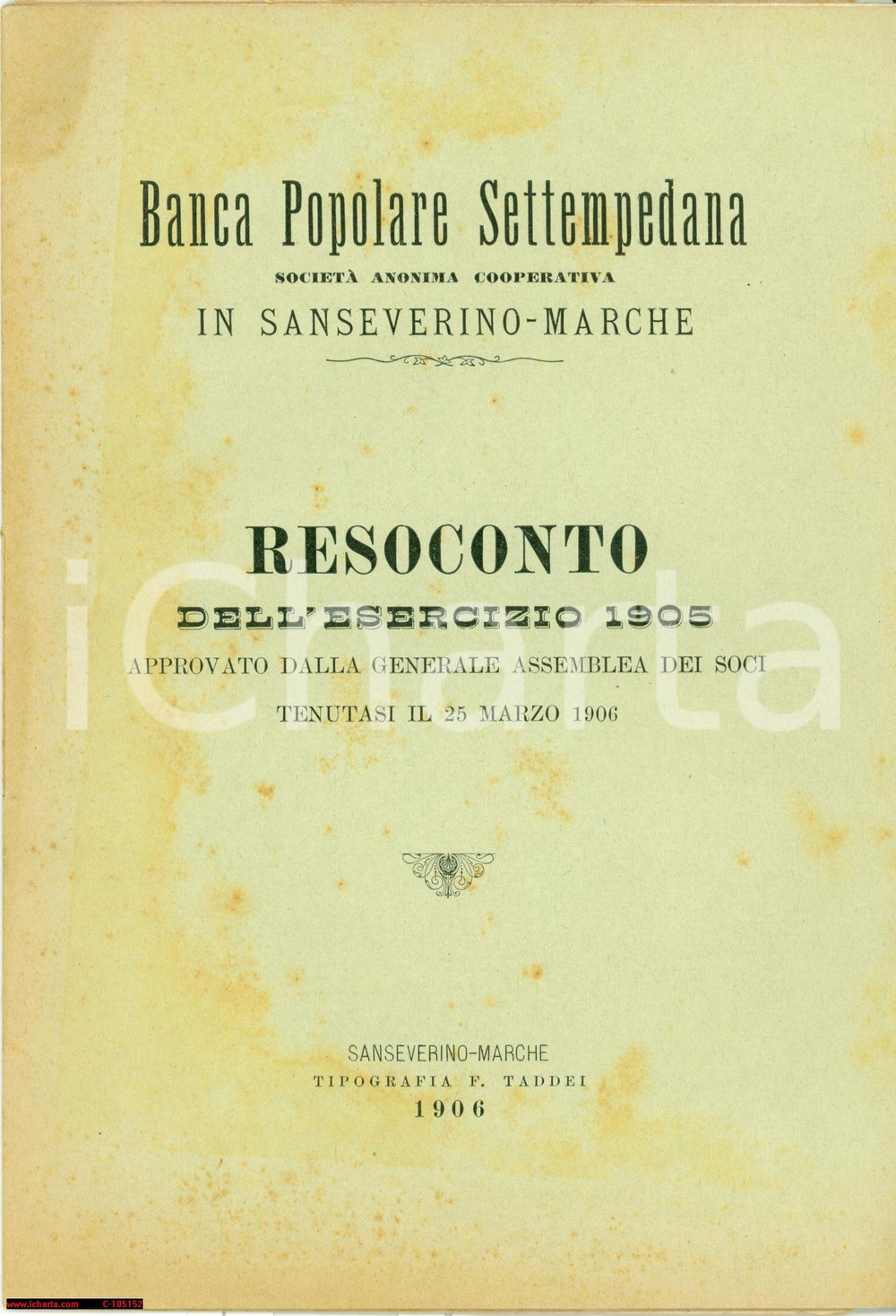 Documento originale, autentico 1906 SAN SEVERINO MARCHE MC Banca Popolare Settempedana 1