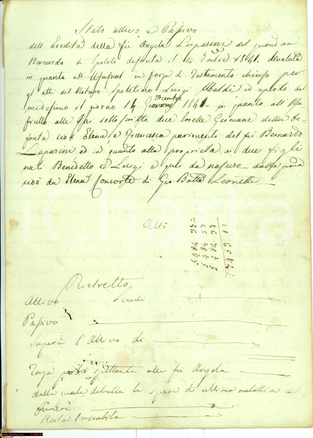 Documento originale, autentico 1841 SPOLETO PG Inventario ereditÃ  Angela LUPARINI 1