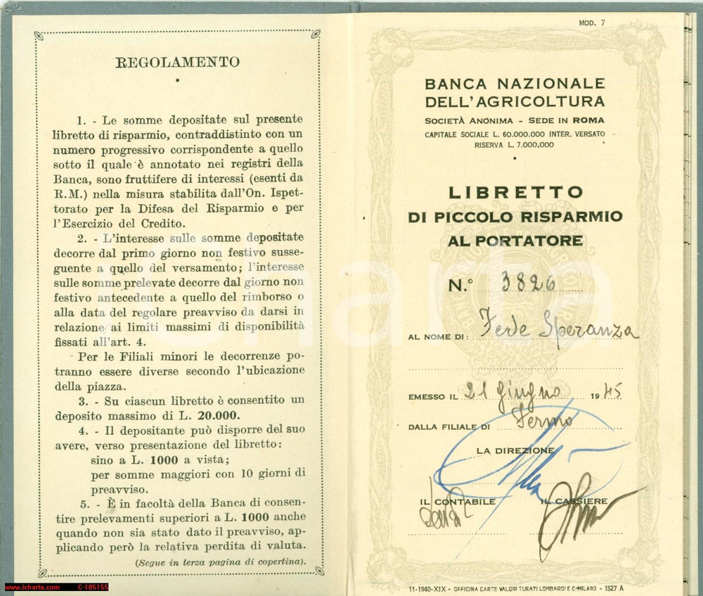 Oggetto da collezione cartaceo 1945 FERMO Libretto piccolo risparmio Banca AGRICOLTURA 1