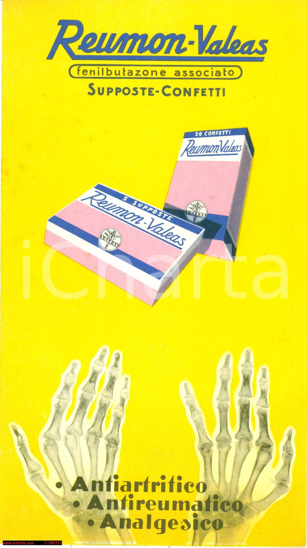 Materiale pubblicitario d’epoca 1955 MILANO Farmaco REUMONVALEAS volantino pubblicitario illustrato 1