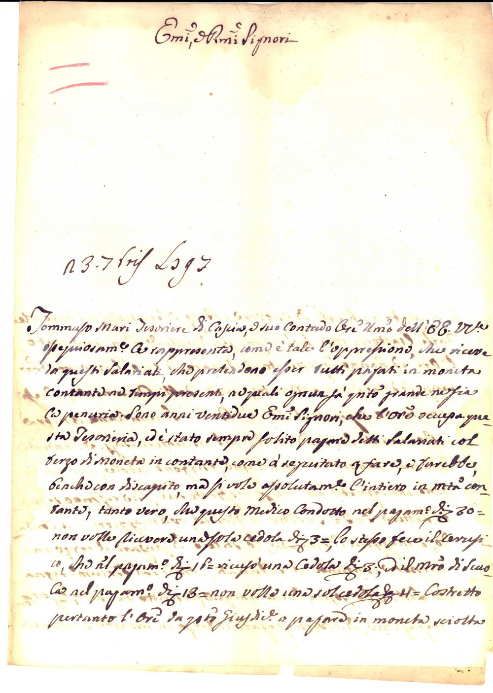 Documento originale, autentico 1797 CASCIA PG Tommaso MARI oppresso dai salariati che pretendono i contanti 1
