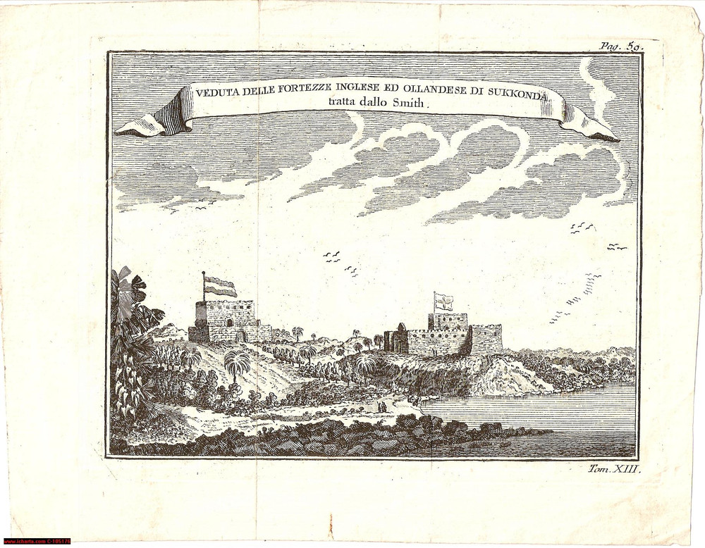 Stampa, bozzetto originale 1830 ca SUKKONDA Fortezze inglese olandese COSTA D ORO 1